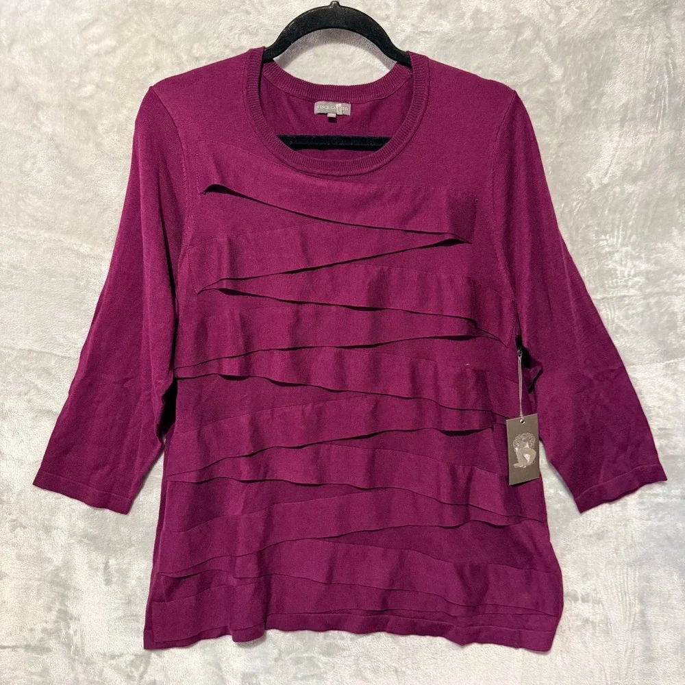 Vince Camuto Sweater Women 2X Maroon Tiered Ruffle Front 3/4 Sleeve Knit Top